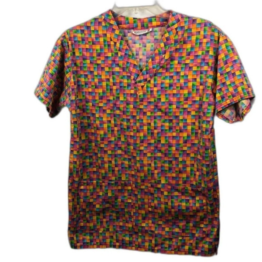 Rainbow Checkerboard Scrub Top Short Sleeve Pockets Uniform‎ Colorful
